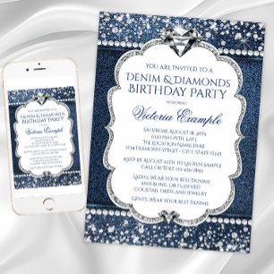 Convites de aniversário Denim e Diamond Bling