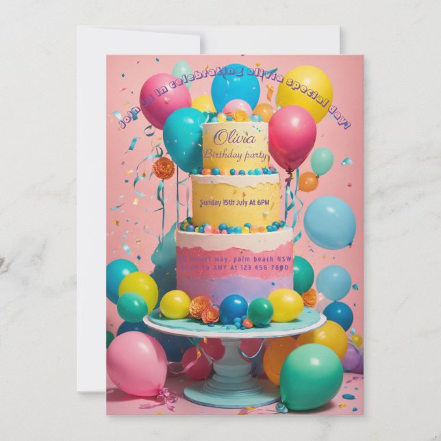 Convites de aniversário: Designs de bolo e balão (Frente)