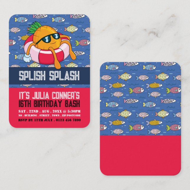 Convites de Aniversário Diversão Abacaxi, Festa na (Frente/Verso)