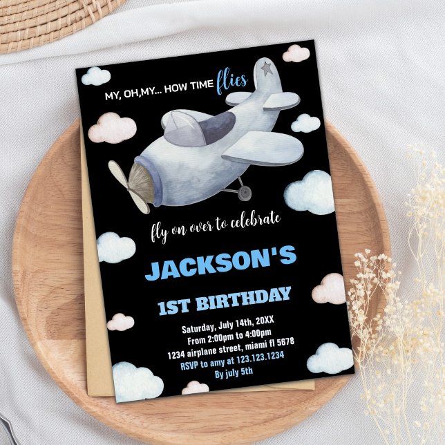 Convites de Aniversário do Avião Azul Cinza Negra (Black Gray Blue Airplane Birthday Invitations)
