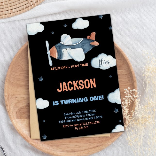 Convites de Aniversário do Avião Castanho Cinza Ne (Black Gray Brown Airplane Birthday Invitations)