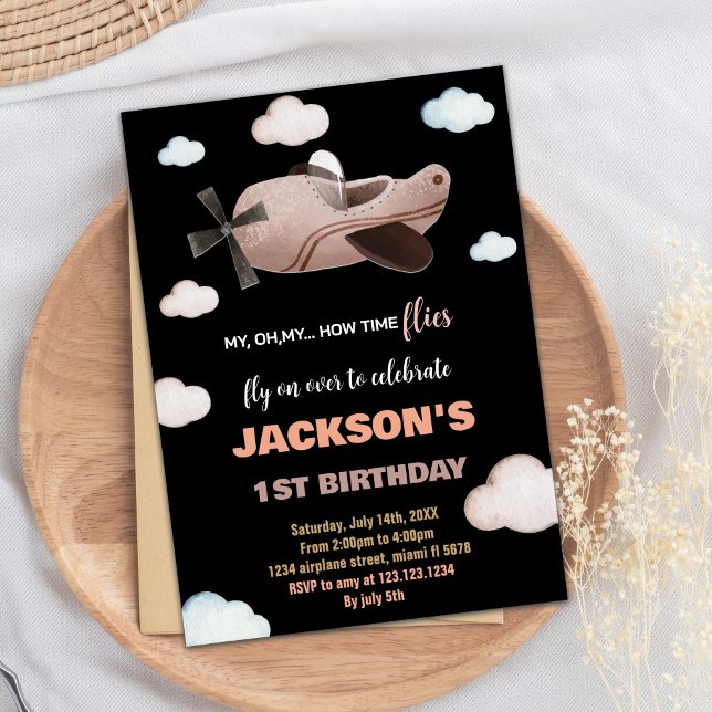 Convites de Aniversário do Avião Negro Brown (Black Brown Airplane Birthday Invitations)