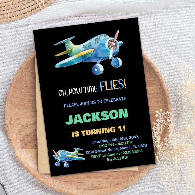 Convites de Aniversário do Avião Verde Azul Preto (Black Blue Green Airplane Birthday Invitations)