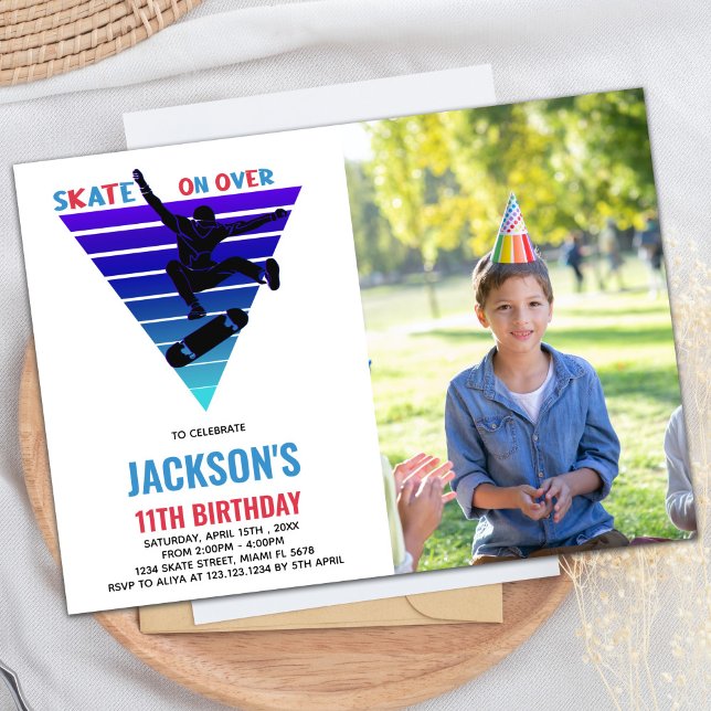 Convites de Aniversário do Blue Red Photo Skateboa (Blue Red Photo Skateboards Birthday Invitations)