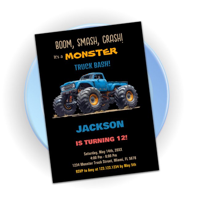 Convites de Aniversário do Caminhão do Monstro Neg (Blue Black Monster Truck Birthday Invitations)
