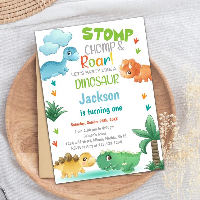 Convites de Aniversário do Dinossauro Verde Laranj (Green Gold Glitter Dinosaur Birthday Invitations)