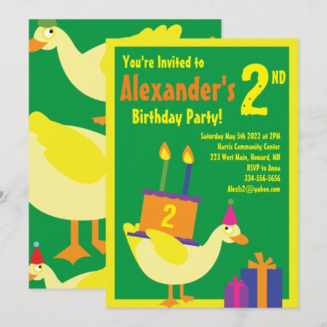Convites de aniversário do Duck Animal Kid (Frente/Verso)