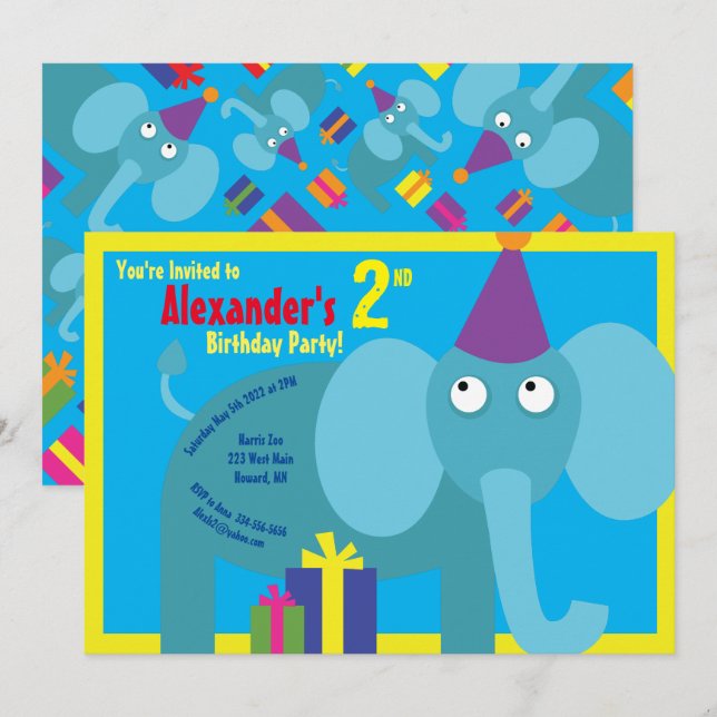 Convites de aniversário do Elefante Animal Kid (Frente/Verso)