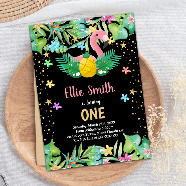 Convites de Aniversário do Flamingo de Abacaxi Pre (Black Pineapple Flamingo Birthday Invitations)