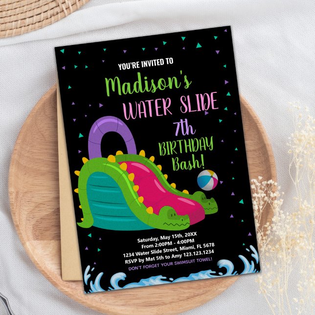 Convites de Aniversário do Green Black Pink Water  (Green Black Pink Water Slide Birthday Invitations)