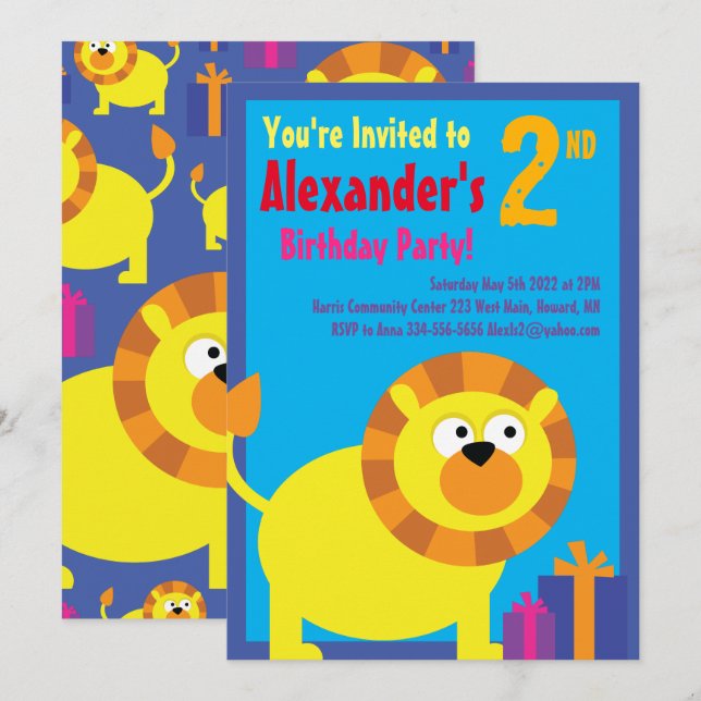 Convites de aniversário do Lion Animal Kid (Frente/Verso)