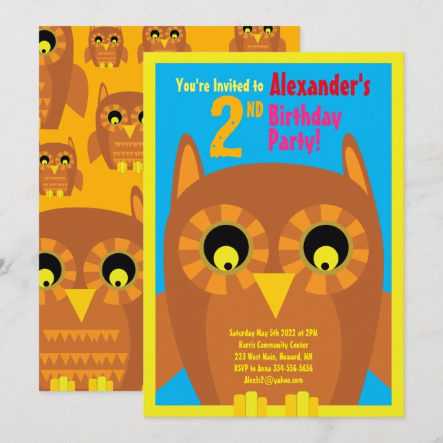 Convites de aniversário do Owl Animal Kid (Frente/Verso)