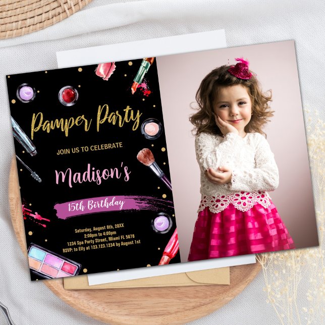 Convites de Aniversário do Partido Pamper de Foto  (Pink Black Photo Pamper Party Birthday Invitations)