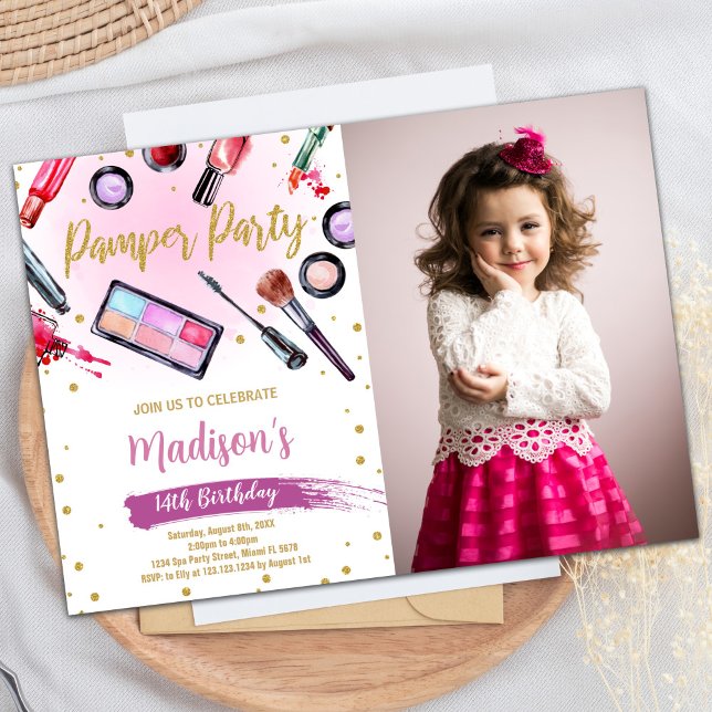 Convites de Aniversário do Partido Pamper Fotográf (Pink White Photo Pamper Party Birthday Invitations)