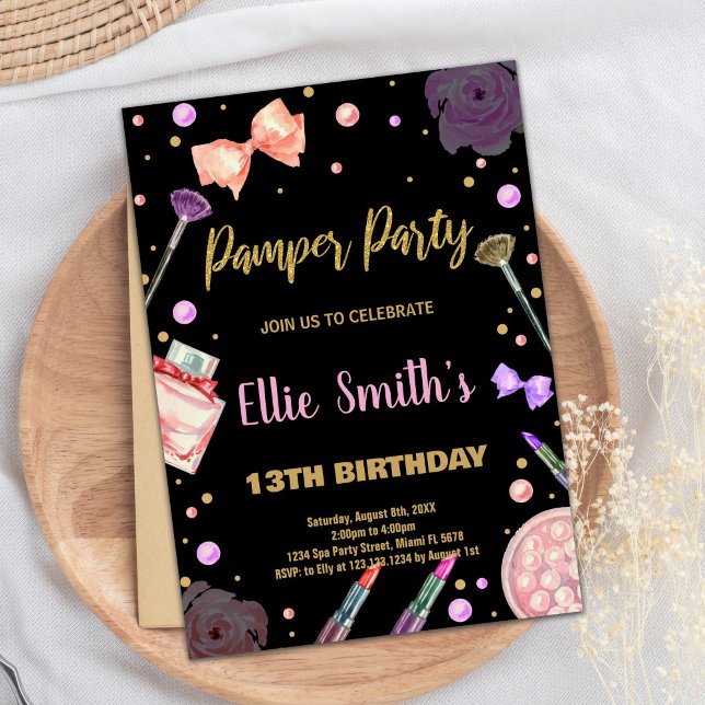 Convites de Aniversário do Partido Pamper Preto pa (Glitter Black Pamper Party Birthday Invitations)