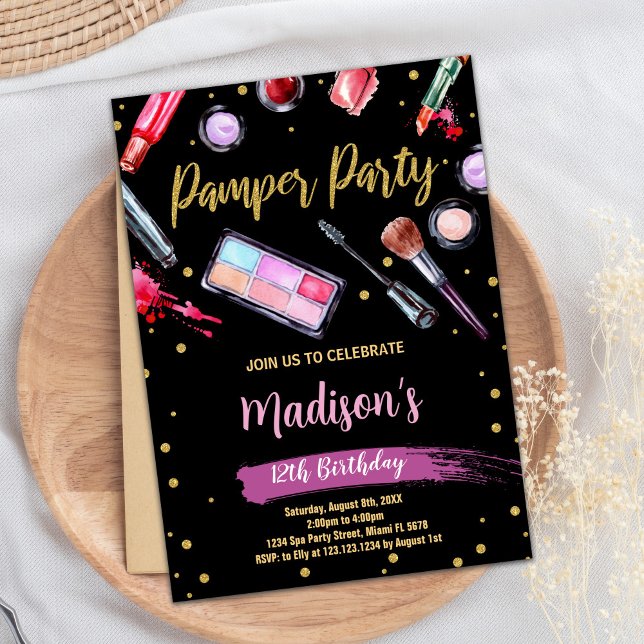 Convites de Aniversário do Partido Pamper Preto Ro (Purple Black Pamper Party Birthday Invitations)