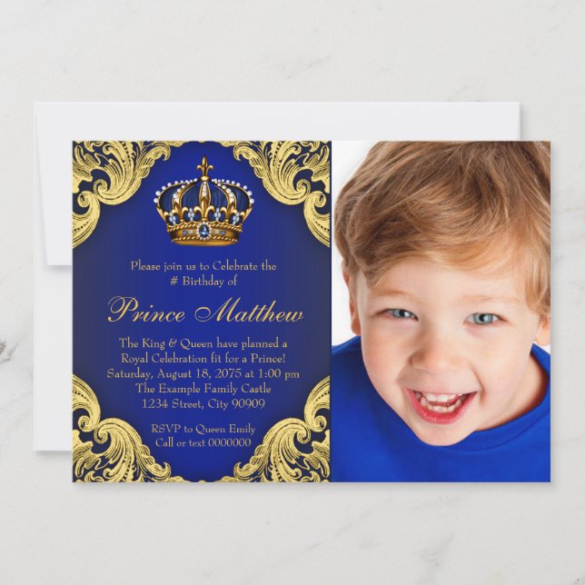 Convites de Aniversário do Príncipe em Dourado Azu (Frente)
