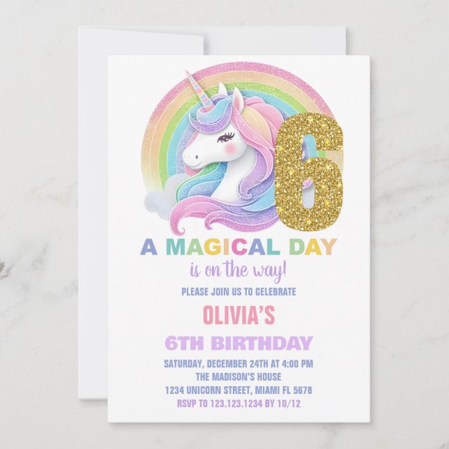 Convites de Aniversário do Rainbow Glitter Unicorn (Frente)