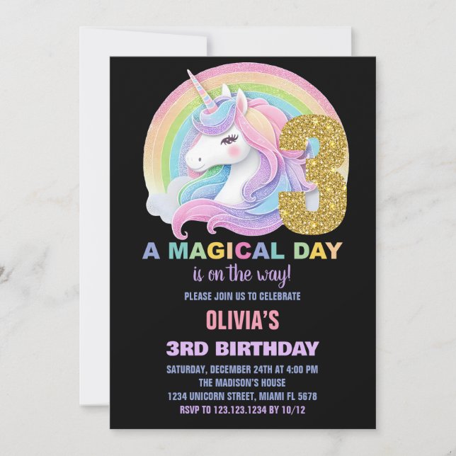 Convites de Aniversário do Rainbow Glitter Unicorn (Frente)