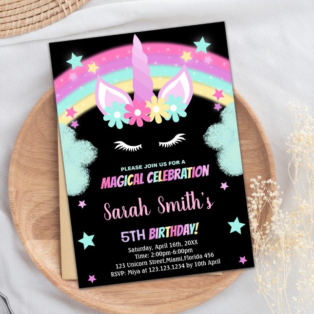 Convites de Aniversário do Rainbow Green Black Uni (Rainbow Green Black Unicorn Birthday Invitations)