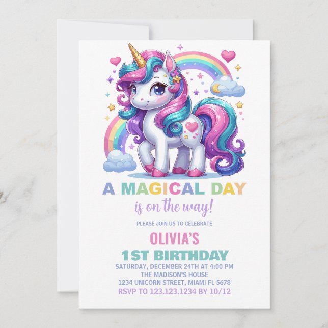 Convites de Aniversário do Rainbow Unicorn (Frente)