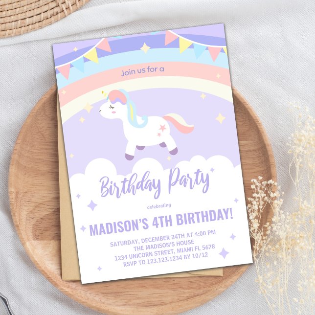 Convites de Aniversário do Rainbow Unicórn Roxo (Purple Rainbow Unicorn Birthday Invitations)