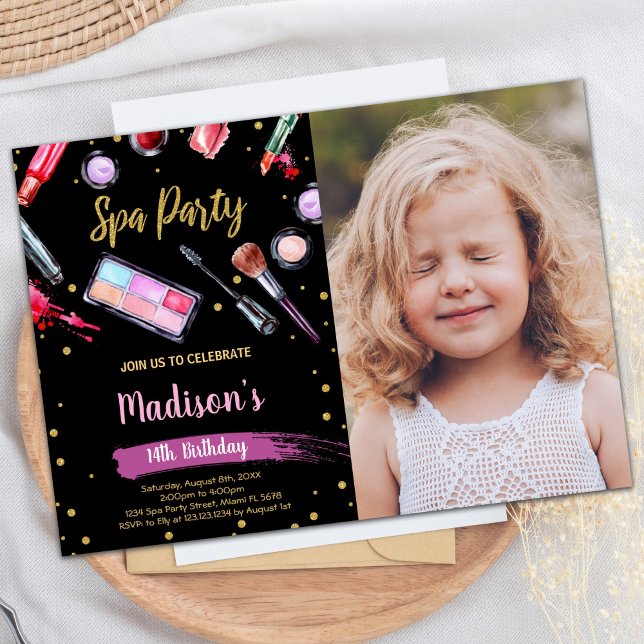 Convites de Aniversário do Spa de Foto em Branco (Black Glitter Photo Spa Birthday Invitations)