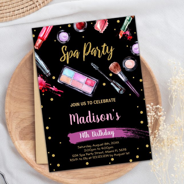 Convites de Aniversário do Spa Preto (Black Glitter Spa Birthday Invitations)