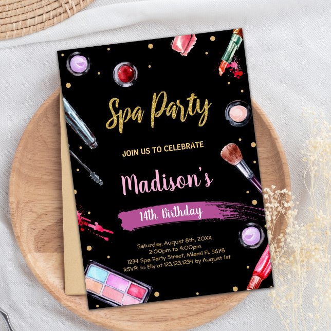 Convites de Aniversário do Spa Preto-Glitter (Glitter Black Spa Birthday Invitations)