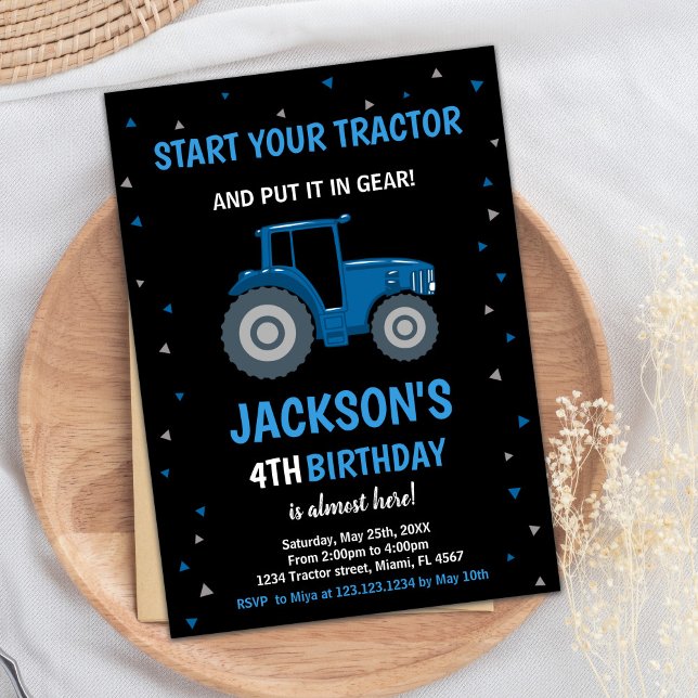 Convites de Aniversário do Trator Azul Preto (Black Blue Tractor Birthday Invitations)