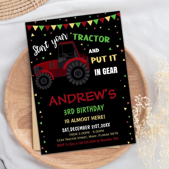Convites de Aniversário do Trator Vermelho Negro (Black Red Tractor Birthday Invitations)