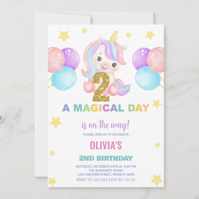 Convites de Aniversário do Unicorn do segundo aniv (Frente)