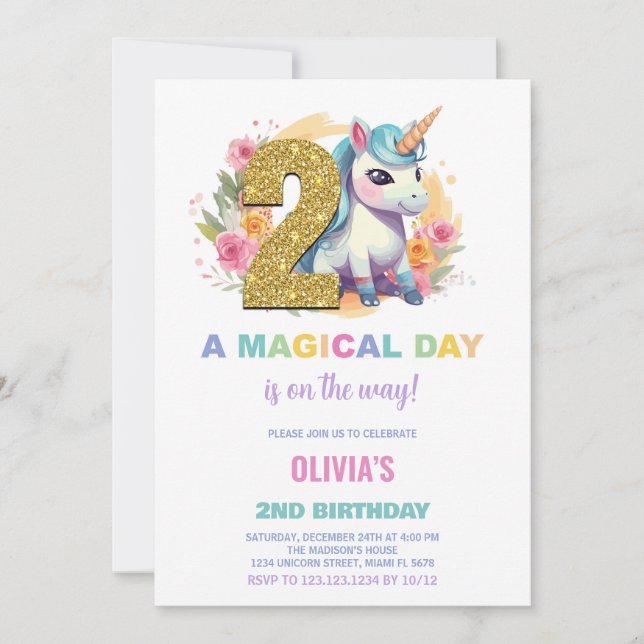 Convites de Aniversário do Unicorn do segundo aniv (Frente)