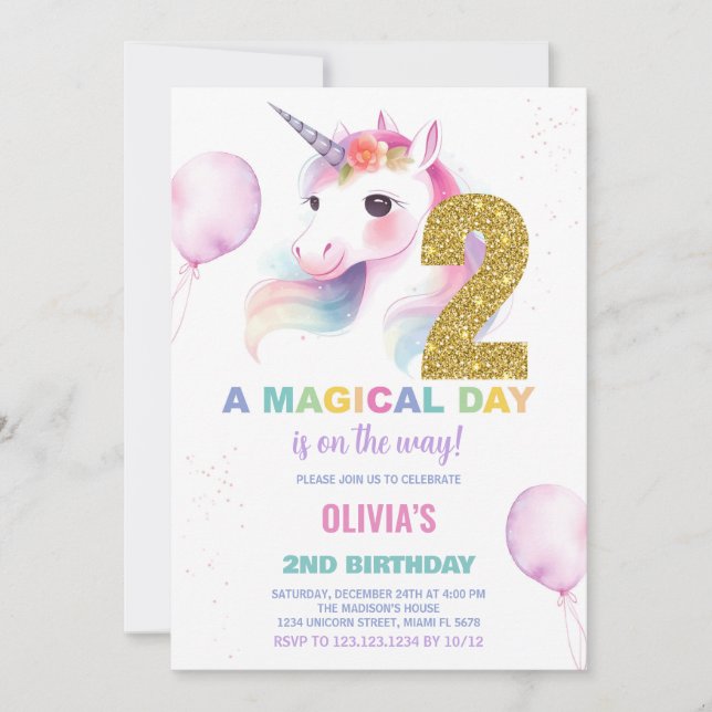 Convites de Aniversário do Unicorn do segundo aniv (Frente)