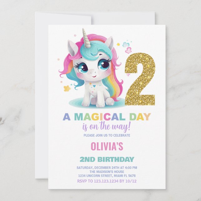 Convites de Aniversário do Unicorn do segundo aniv (Frente)