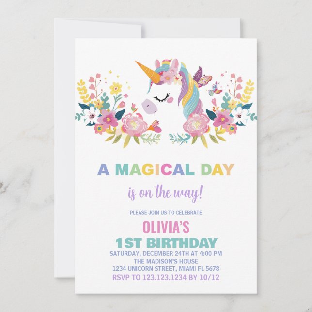 Convites de Aniversário do Unicorn Floral (Frente)