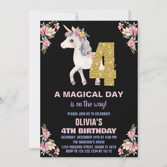Convites de Aniversário do Unicorn Floral (Frente)