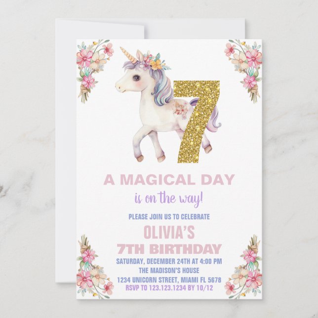 Convites de Aniversário do Unicorn Floral (Frente)