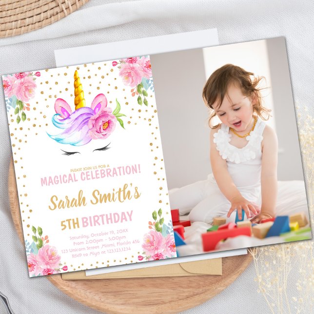 Convites de aniversário do Unicórnio com foto (Unicorn birthday birthday invitations with photo)