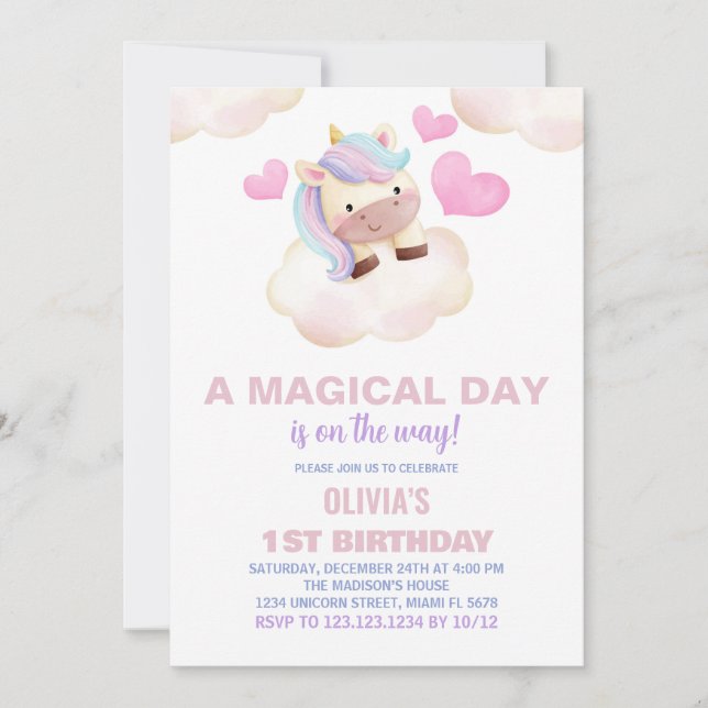 Convites de Aniversário do Unicórnio do Dia Mágico (Frente)