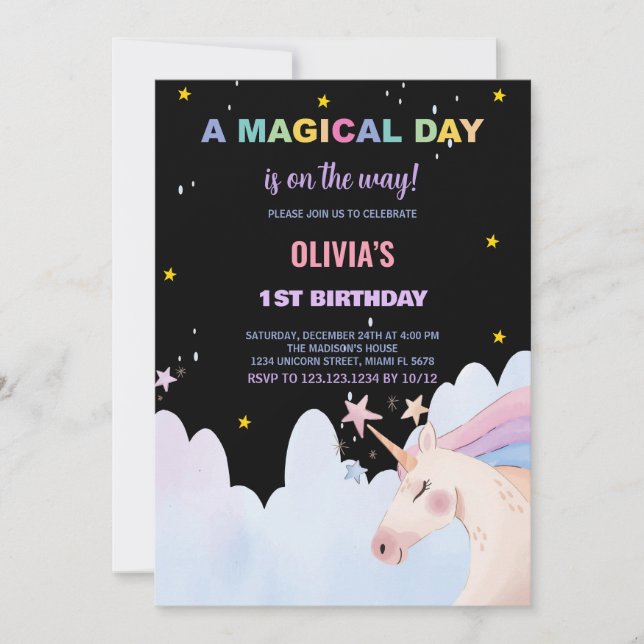 Convites de Aniversário do Unicórnio do Dia Mágico (Frente)