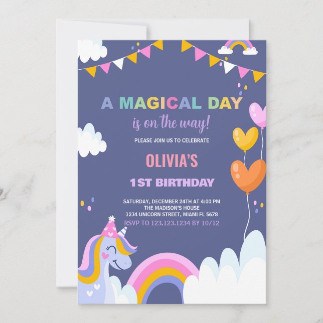 Convites de Aniversário do Unicórnio do Dia Mágico (Frente)