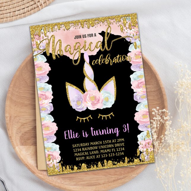 Convites de Aniversário do Unicórnio Mágico Negro (Black Magical Glitter Unicorn Birthday Invitations)