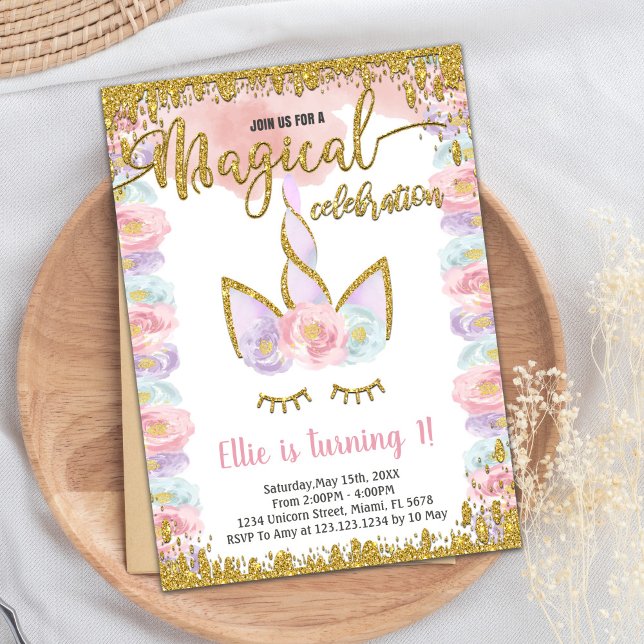Convites de Aniversário do Unicórnio Magnético (Magical Glitter Unicorn Birthday Invitations)