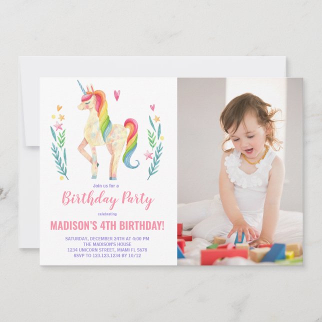 Convites de Aniversário do Unicórnio Rosa com Foto (Frente)