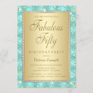 Convites de aniversário Dourados 50 Azul Teal