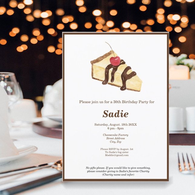 Convites de Aniversário Elegantes de Cheesecake em (Join us for an exquisite cheesecake indulgence with an invitation that exudes elegance. )