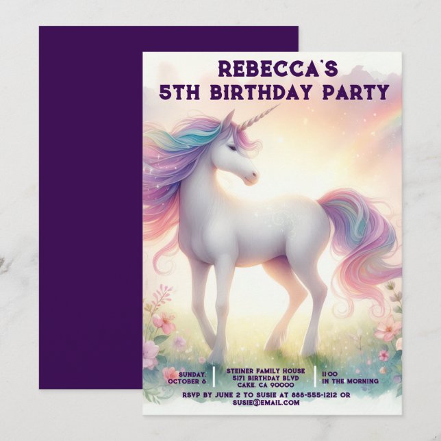 Convites de Aniversário Feminino Arco-íris Unicórn (Frente/Verso)