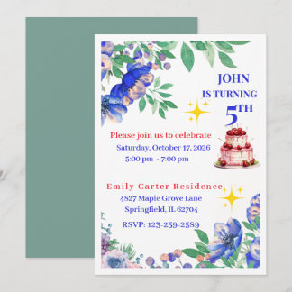 Convites de Aniversário Florais Azuis Elegantes