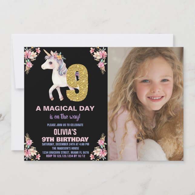 Convites de Aniversário Florais do Unicórn (Frente)
